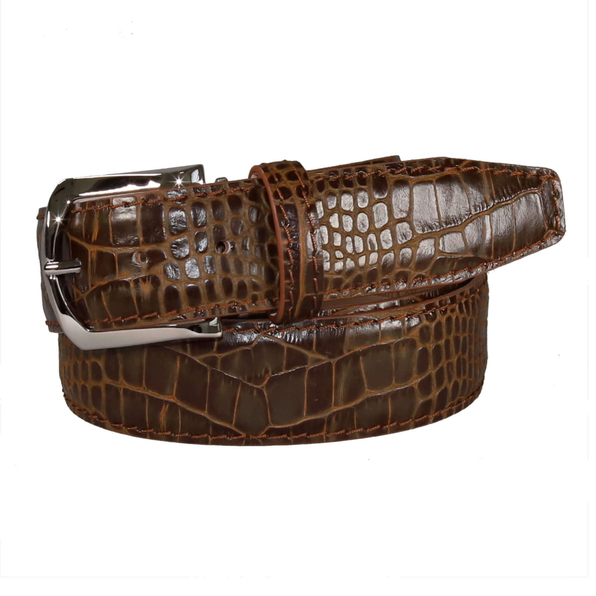 Amber Glow Mock Crocodile Leather Belt | Mens Leather Goods | Mock Croc | Roger Ximenez