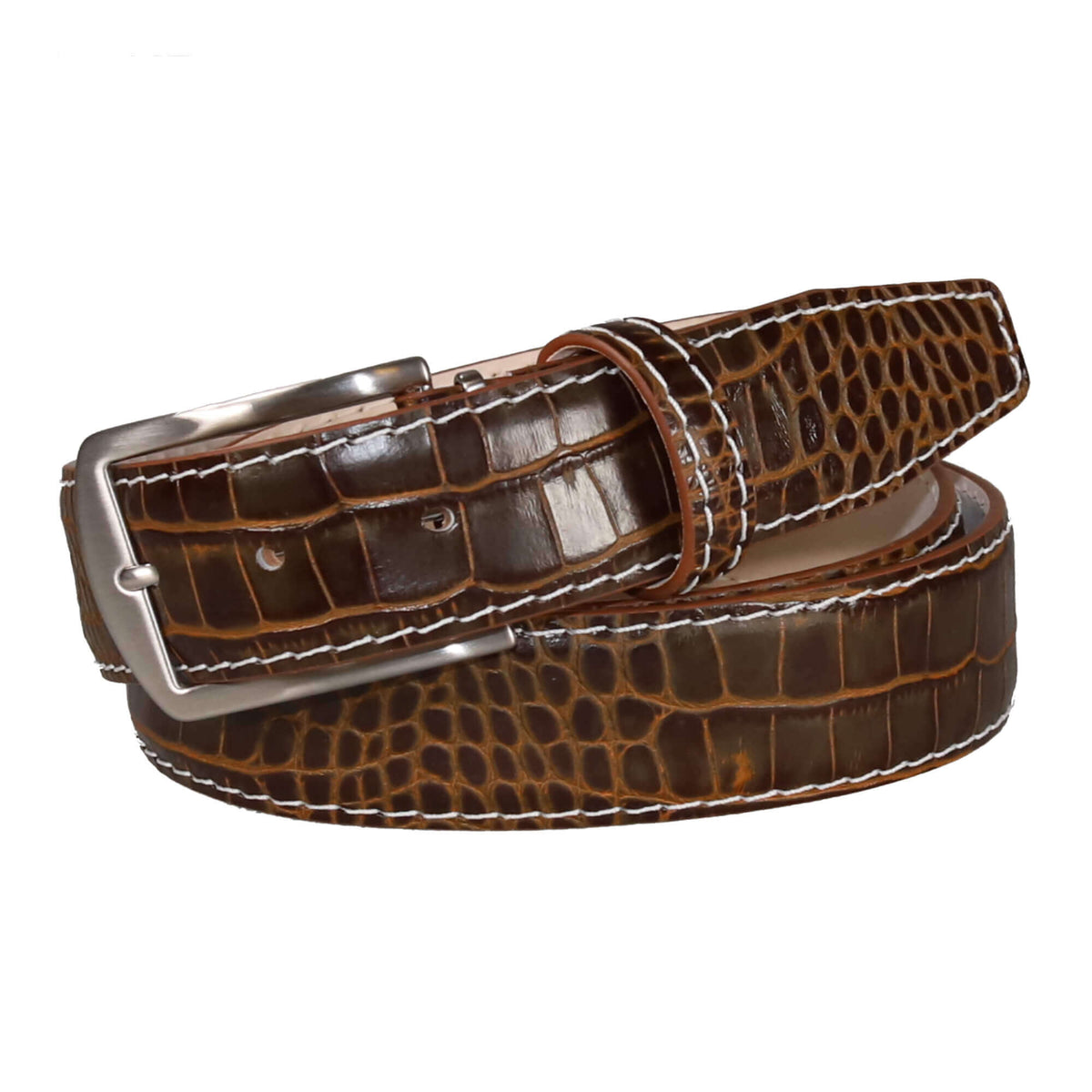 Amber Glow Mock Crocodile Leather Belt | Mens Leather Goods | Mock Croc | Roger Ximenez