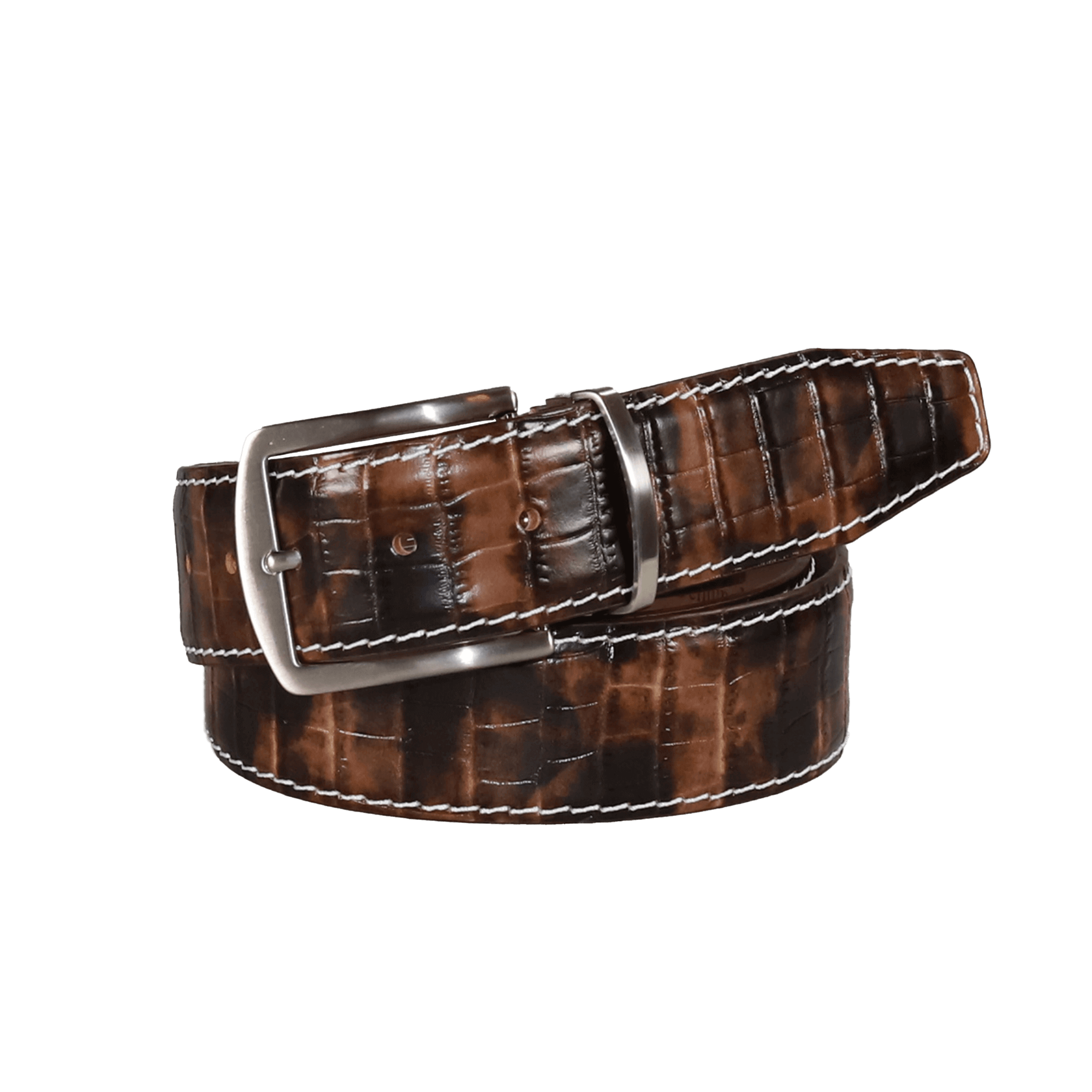 Two-Toned Brown Mock Crocodile Leather Belt | Mens Leather Goods | Mock Croc | Roger Ximenez