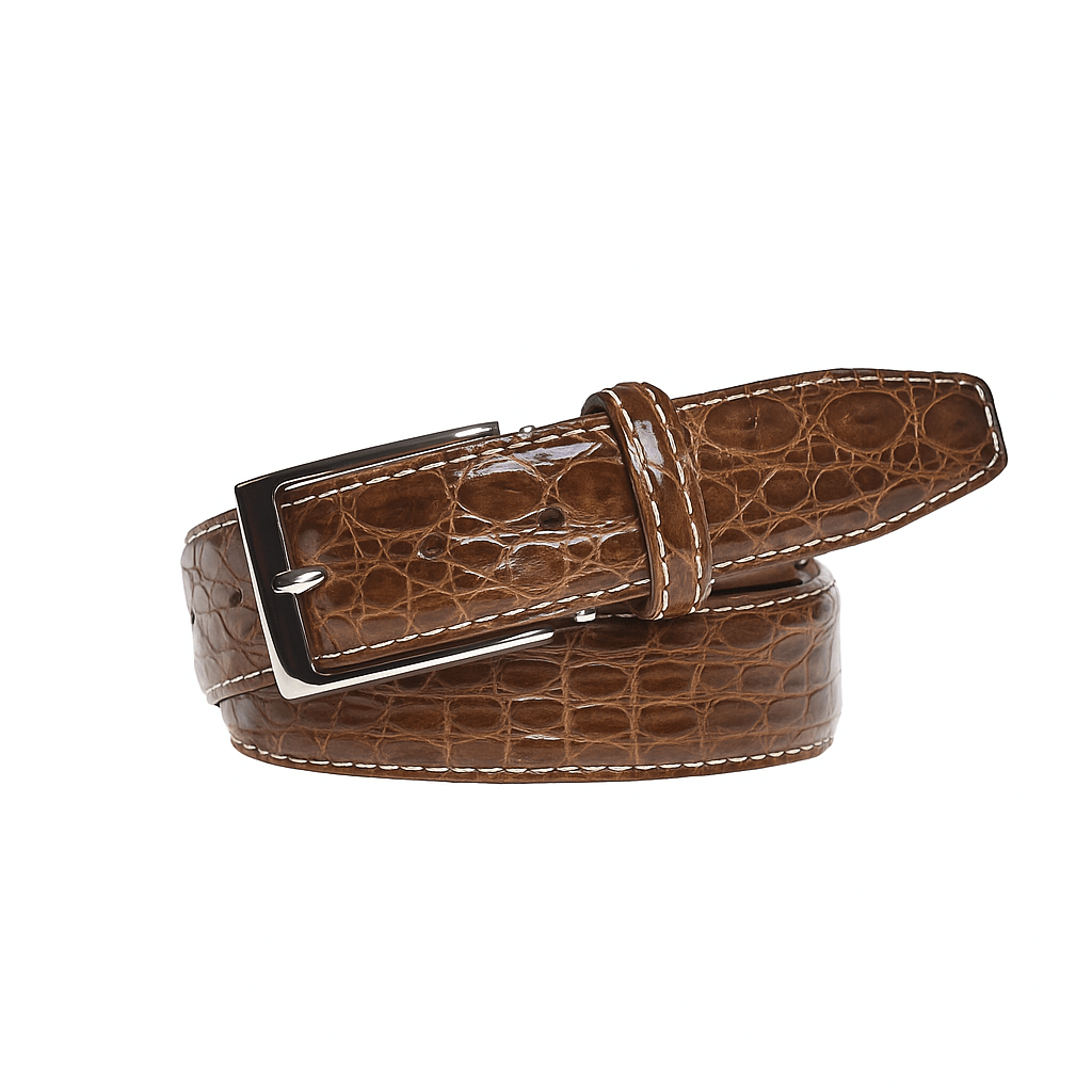 Cognac Caiman Crocodile Leather Belt