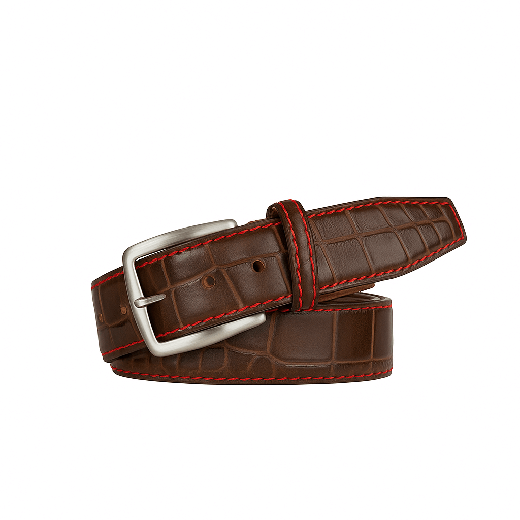 Matt Bark Brown Mock Gator Leather Belt | Mock Gator | Roger Ximenez