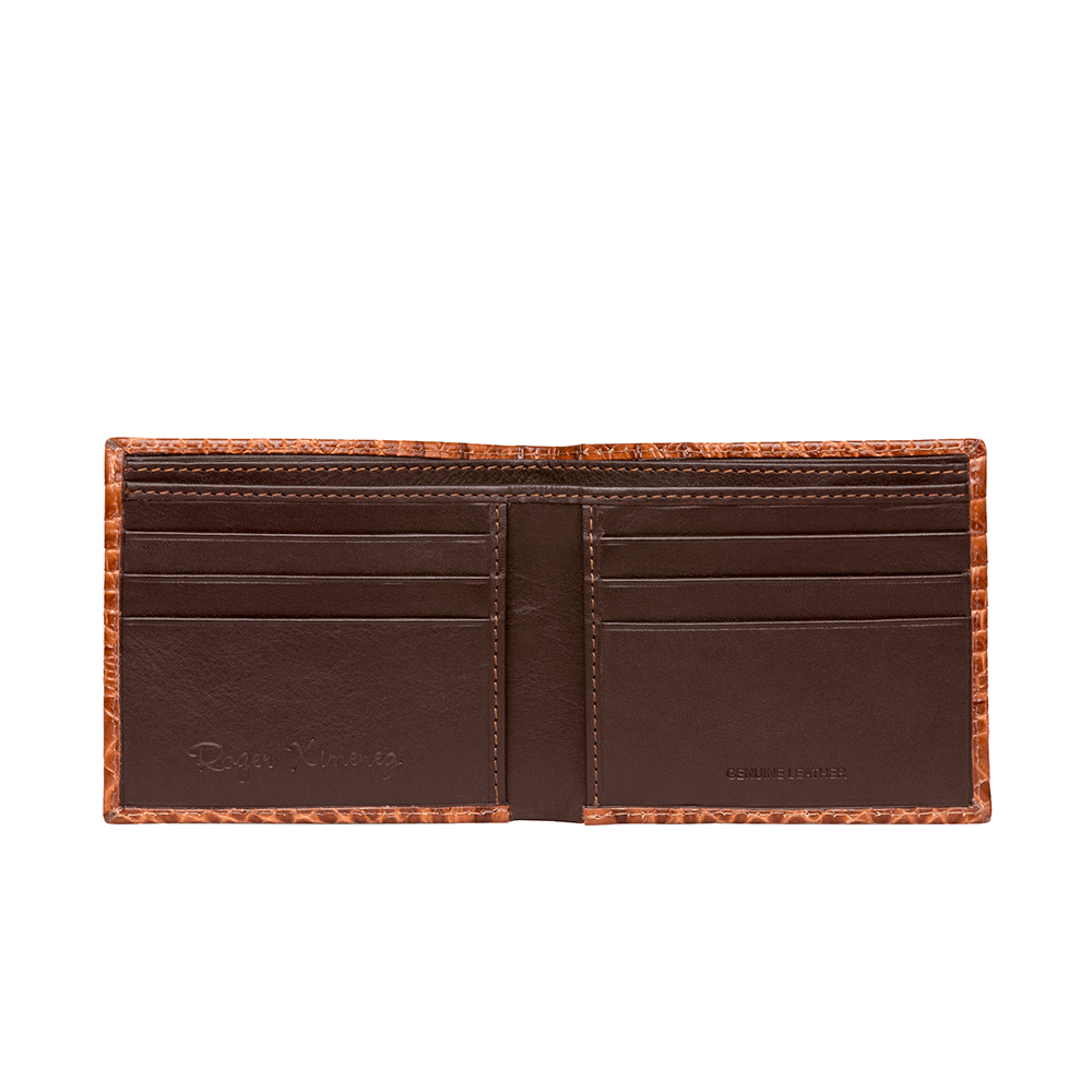 Cognac Mock Croc Leather Wallet - Ecru