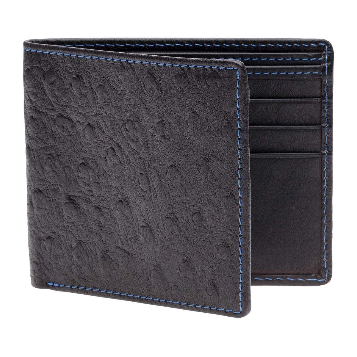Black Mock Ostrich Vegetable Tan Leather Wallet - Cobalt / Black / One Size | Mens Fashion &amp; Leather Goods by Roger Ximenez