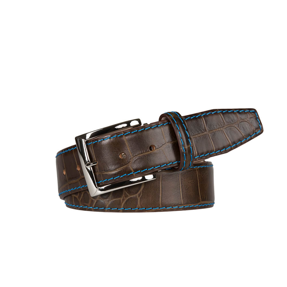 Matte Brown Mock Gator Leather Belt - Cobalt / 44 / 35mm | Mens Fashion &amp; Leather Goods by Roger Ximenez