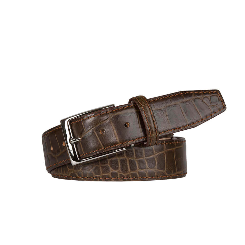 Matt Bark Brown Mock Gator Leather Belt | Mock Gator | Roger Ximenez