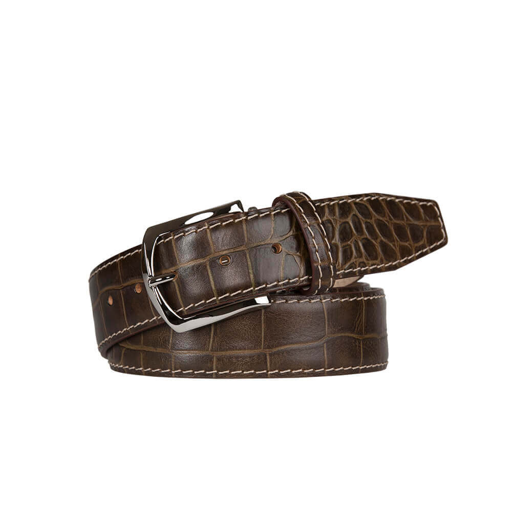 Matt Bark Brown Mock Gator Leather Belt | Mock Gator | Roger Ximenez
