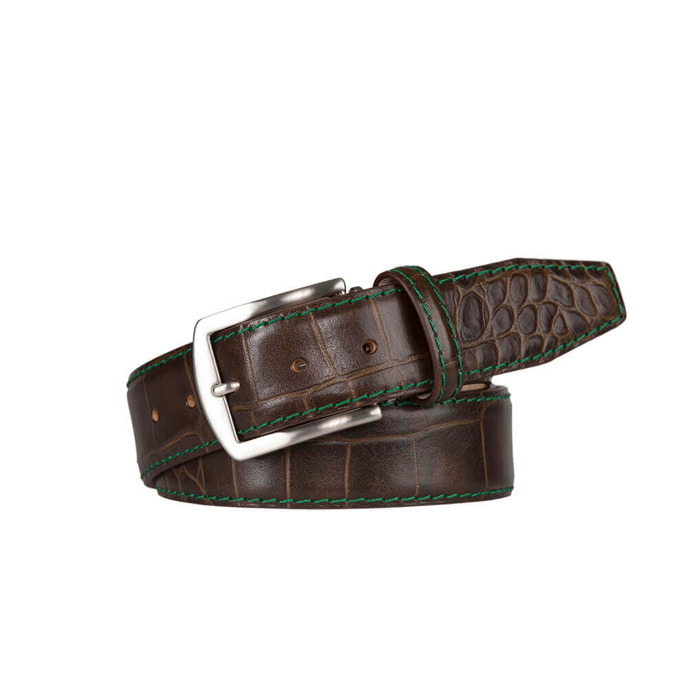 Matt Bark Brown Mock Gator Leather Belt | Mock Gator | Roger Ximenez