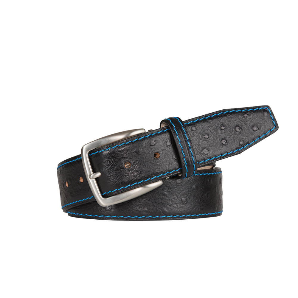 Black Mock Ostrich Leather Belt - Cobalt / 44 / 35mm | Mens Fashion &amp; Leather Goods by Roger Ximenez