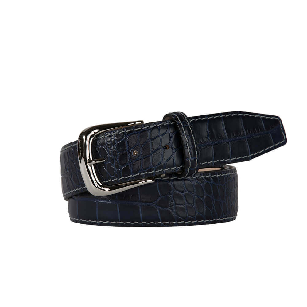 Navy Mock Crocodile Leather Belt | Mens Leather Goods | Roger Ximenez