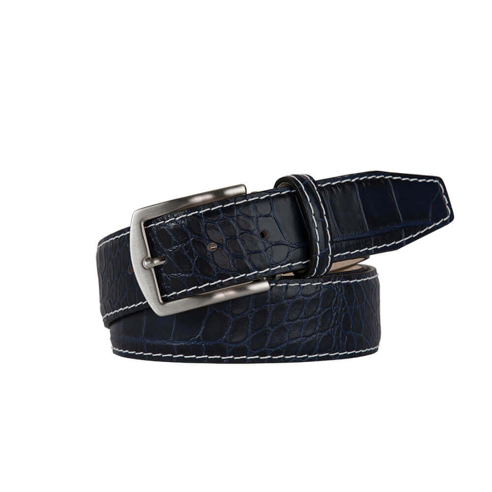 Navy Mock Crocodile Leather Belt | Mens Leather Goods | Roger Ximenez | Mock Croc | Roger Ximenez