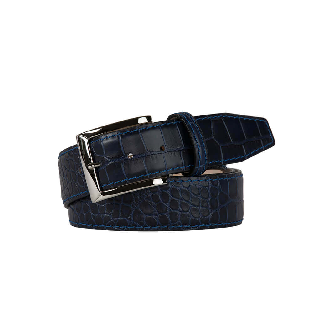 Navy Mock Crocodile Leather Belt | Mens Leather Goods | Roger Ximenez | Mock Croc | Roger Ximenez