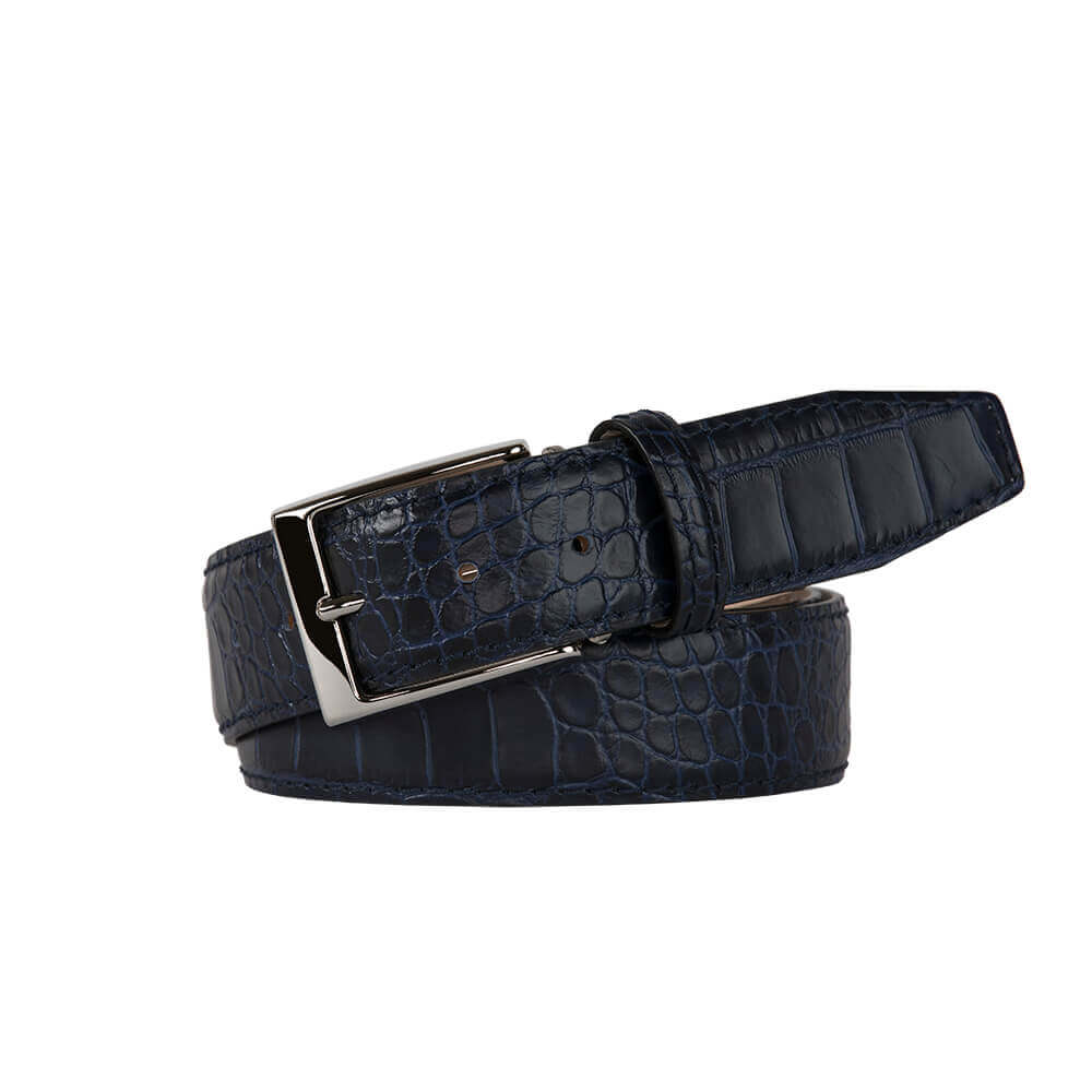 Navy Mock Crocodile Leather Belt | Mens Leather Goods | Roger Ximenez