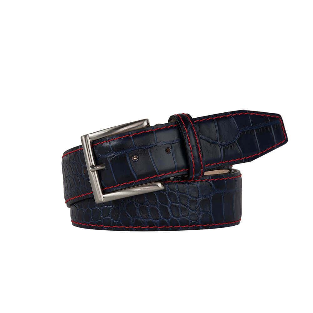 Navy Mock Crocodile Leather Belt | Mens Leather Goods | Roger Ximenez | Mock Croc | Roger Ximenez