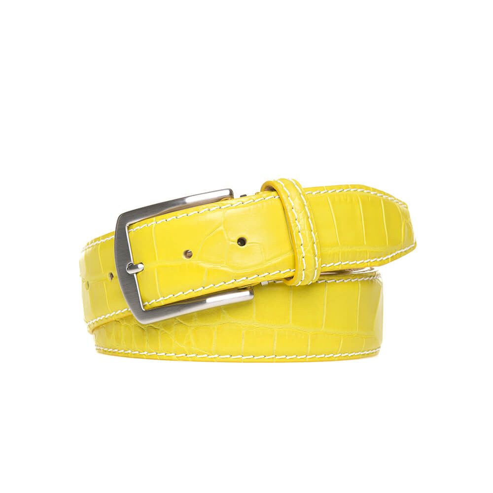 Yellow Mock Gator Leather Belt - White / 44 / 35mm | Mens Fashion &amp; Leather Goods by Roger Ximenez