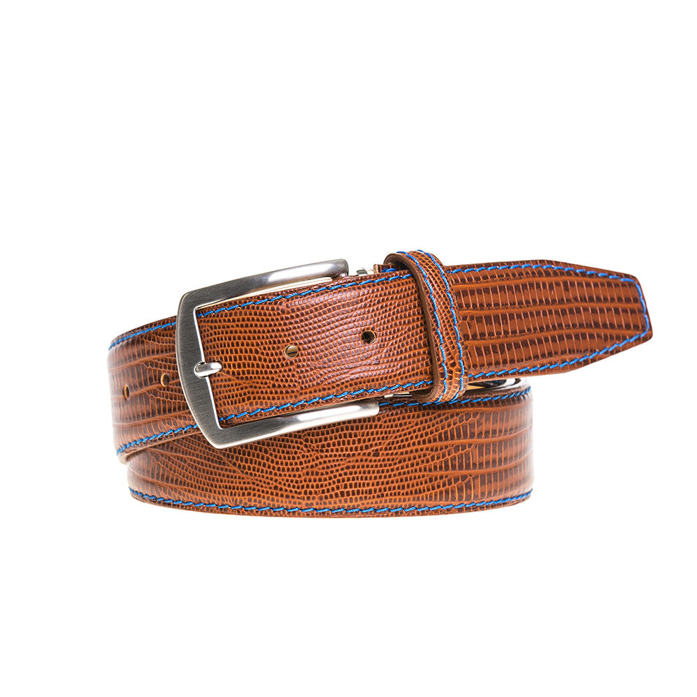 Men's Cognac Mock Lizard Leather Belt | Leather Goods | Roger Ximenez | Mock Lizard | Roger Ximenez