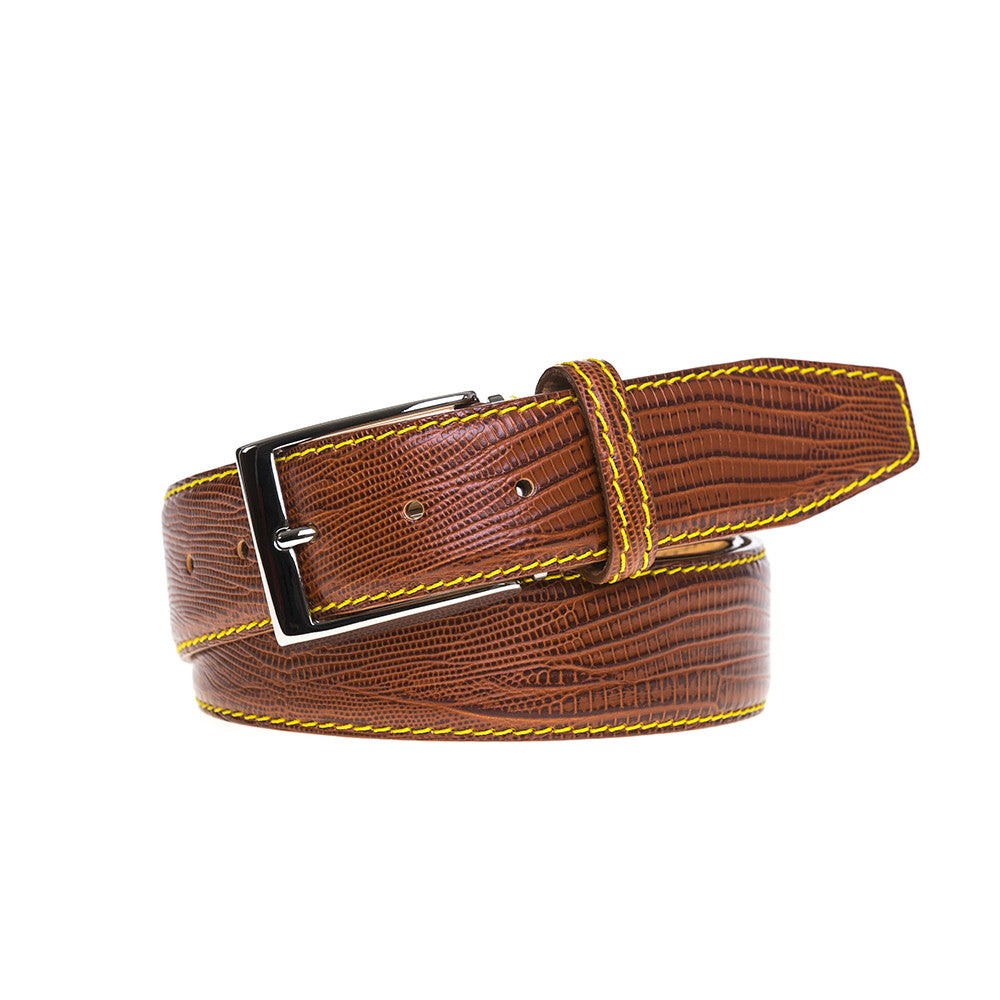 Men's Cognac Mock Lizard Leather Belt | Leather Goods | Roger Ximenez | Mock Lizard | Roger Ximenez